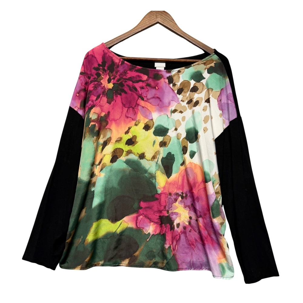 Chico's Tunic Top Womens 3 XL Black Floral Long Sleeve‎ Boatneck Art to Wear